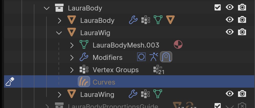 select the hair curves object